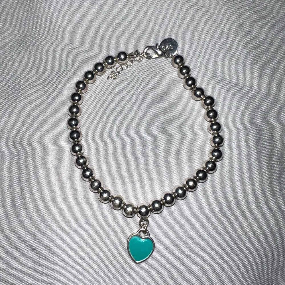 925 Silver Beaded Bracelet with blue Heart Charm